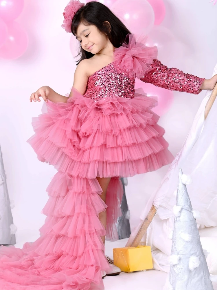 Customized Flower Girl Dresses Dark Pink Sequin Tiered With Trailing For Wedding Birthday Prom Party Banquet Evening Ball Gown