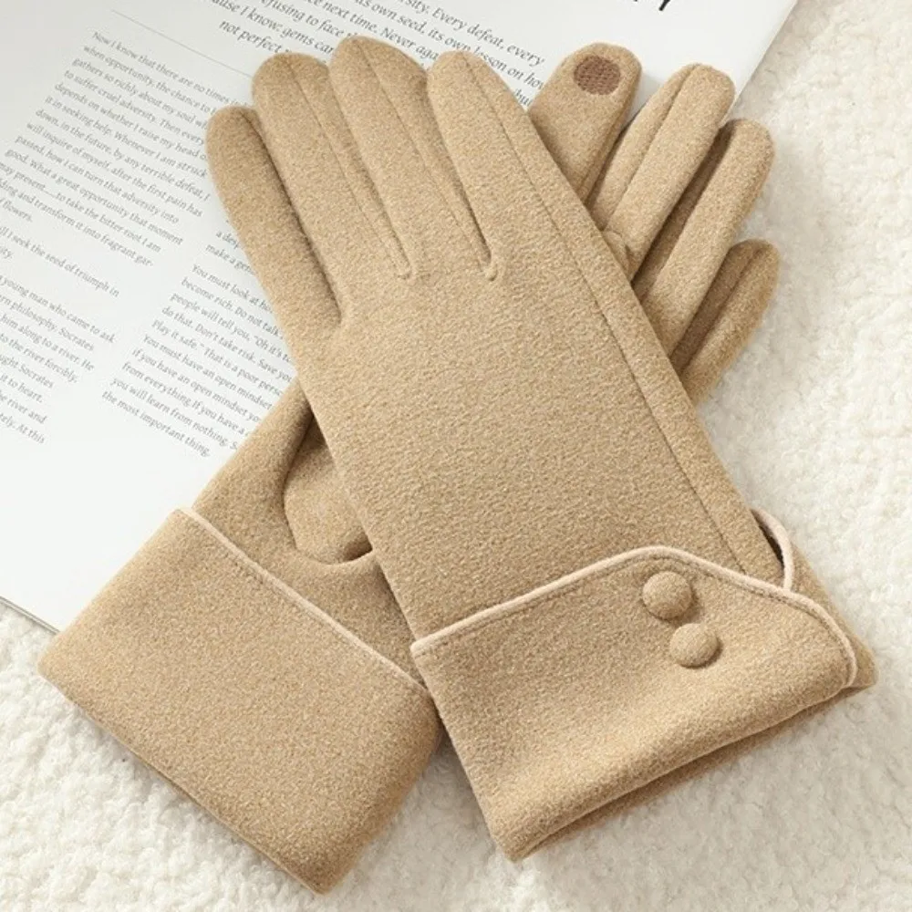 빈티지 두꺼운 여성용 스웨이드 장갑 플러시 방풍 터치스크린 장갑 보온 풀 핑거 겨울 장갑 아웃도어