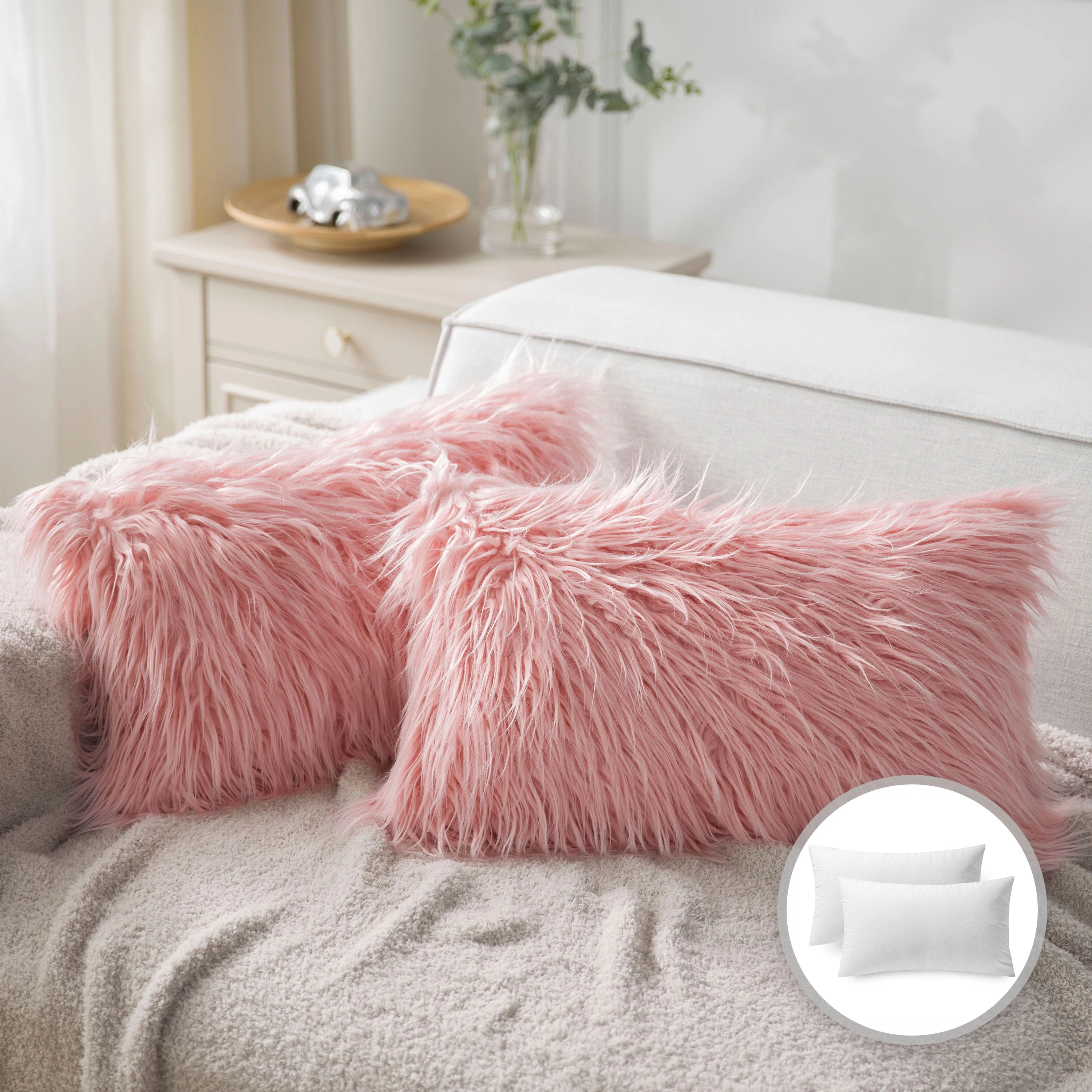 

Luxury Mongolian Fluffy Faux Fur Series Square Decorative Throw Pillow Cusion for Couch, 12' x 20', Pink, 2 Pack
