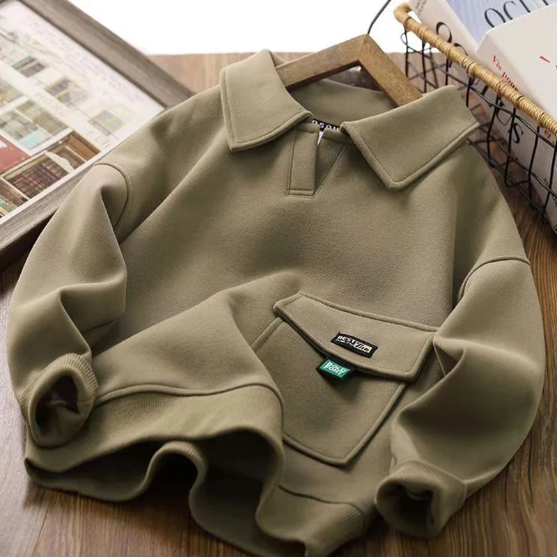 4 5 6 8 10 12 14 Years Boys Hoodies Autumn Spring New Solid Color Lapel Long Sleeve Sweatshirt For Teen Boys Casual Pullover