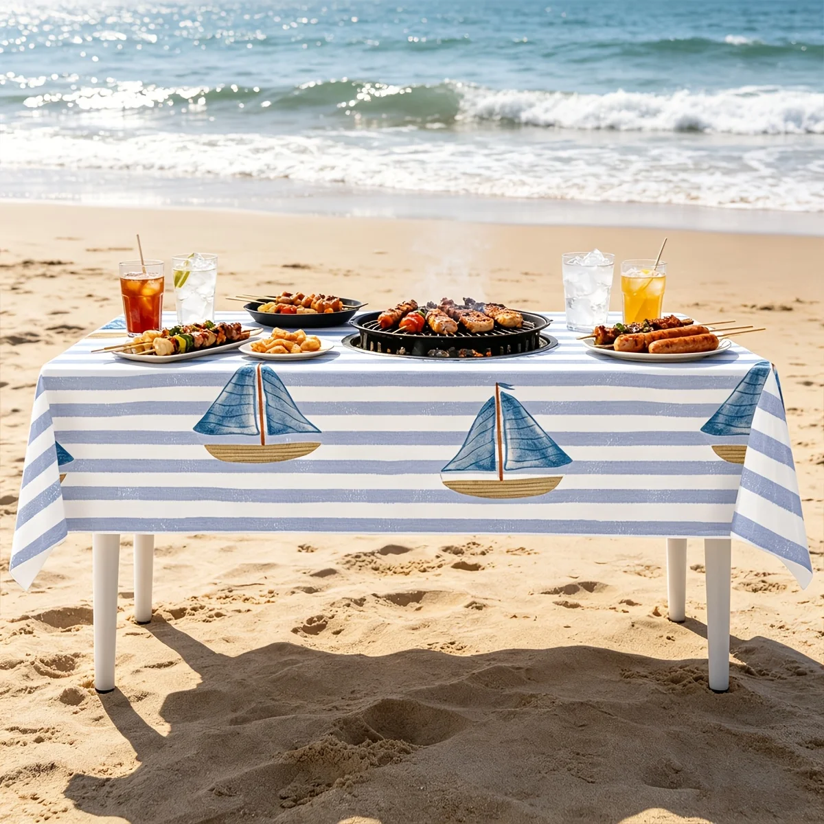One piece. Nautical style sailboat striped pattern tablecloth for a single rectangular tablecloth. Birthday picnic beach.xzj