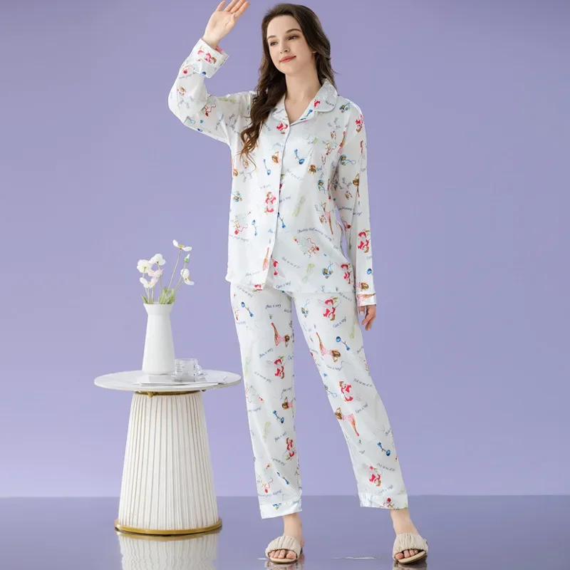 Conjunto de Pijama de satén de seda sintética para Mujer, ropa de dormir de manga larga con estampado de bolsillo, primavera y otoño, 2 piezas