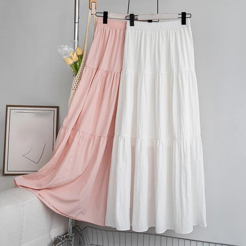 

A-line Pink Long Skirt Cake Skirt Sweet Solid Korean Women's Clothing Elastic Waist Youthful Summer White Simple Casual Fashion
