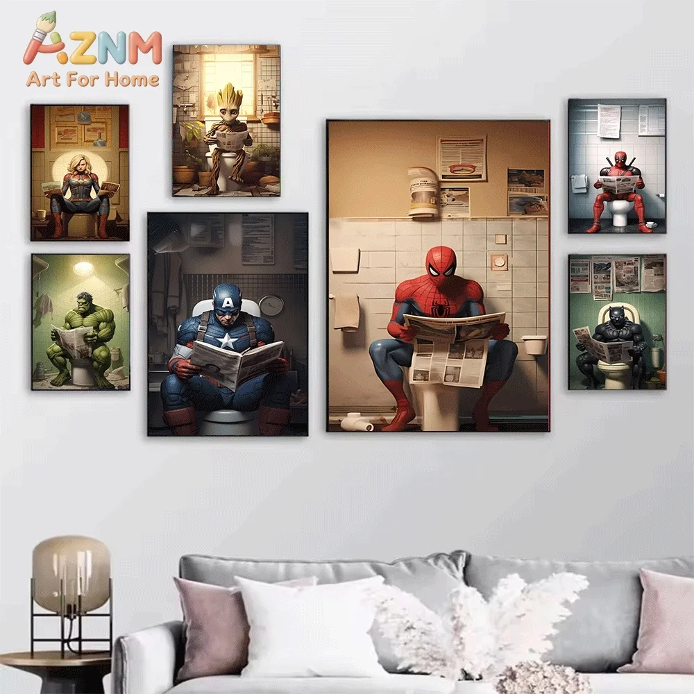 Funny Marvel Superhero Sit On Toilet Reading Newspaper Canvas Wall Art Humorous Character Print Poster, Frameless Wall Picture