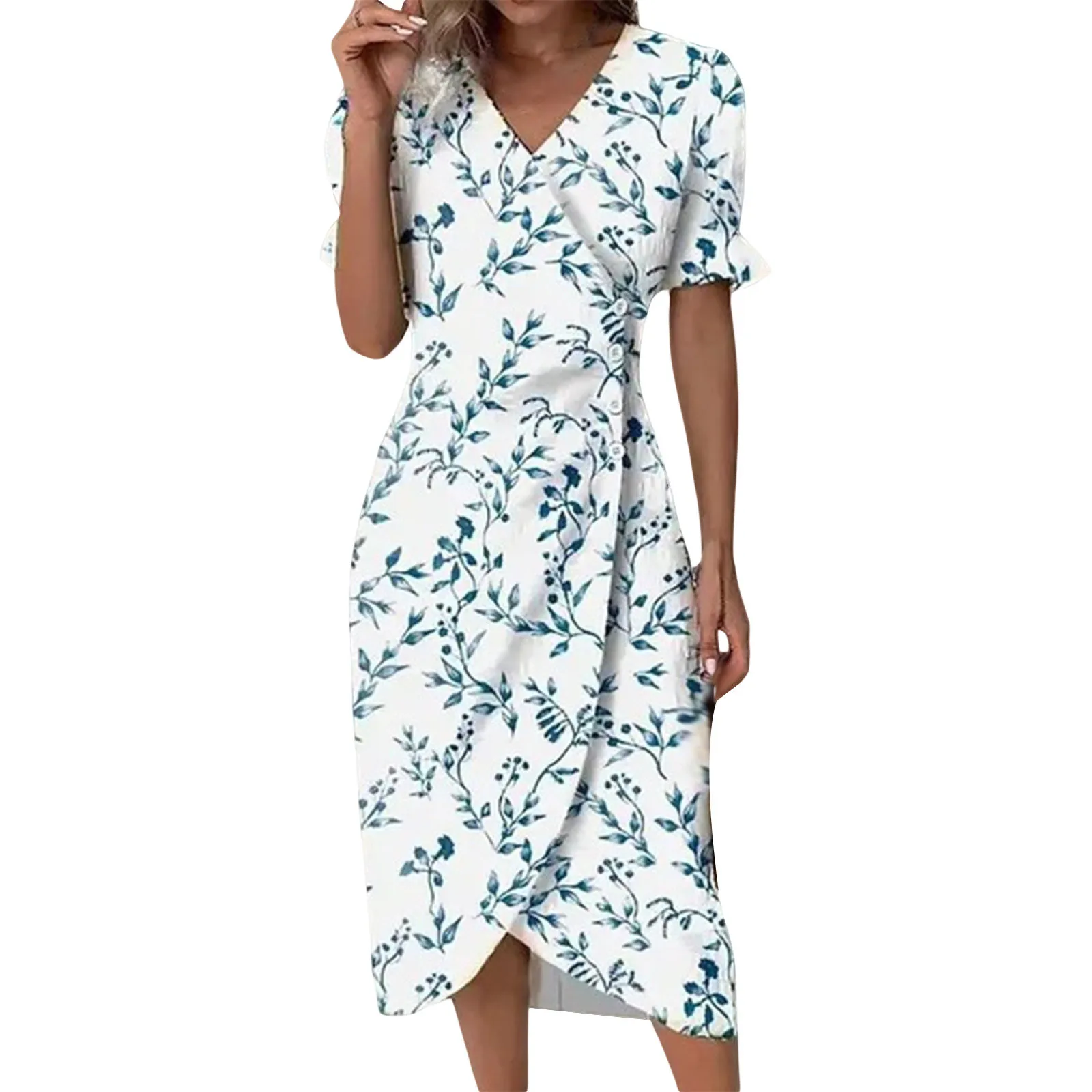 Women's Botanical Print Dress V-neck Floral Irregular Dress Summer Short Sleeve Button Waist Dress Casual Lady Office Dresses