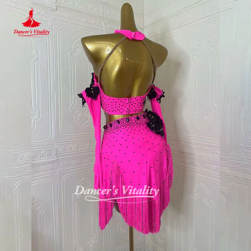 Latin Dance Set Custom Exquisite Flowers Top+Tassel Skirt 2pcs Adult and Child ChaCha Samba Competition Outfit Dancer's Vitality