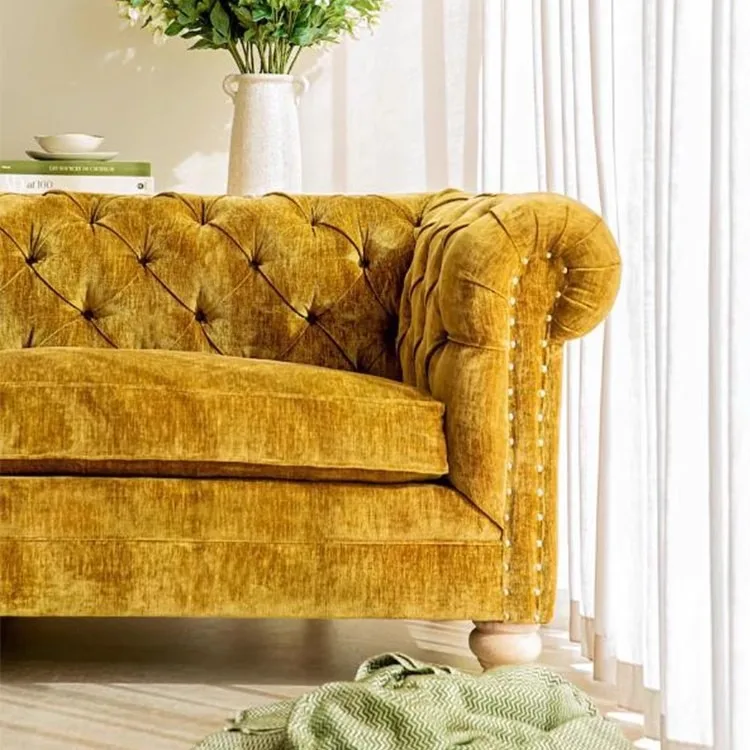 Retro style American pull-button sofa French light luxury log style ginger chenille velvet inline three-seater sofa