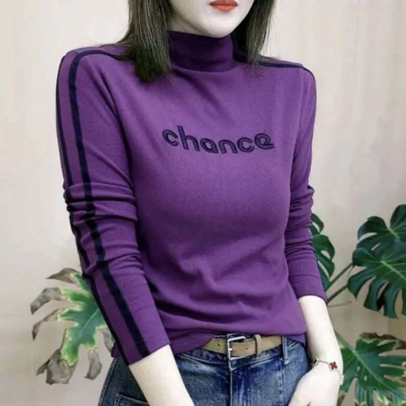 

Fashion Stand Collar Spliced Letter Embroidery T-Shirt Female Clothing 2024 Autumn Winter New Loose Korean Tops Casual Tee Shirt