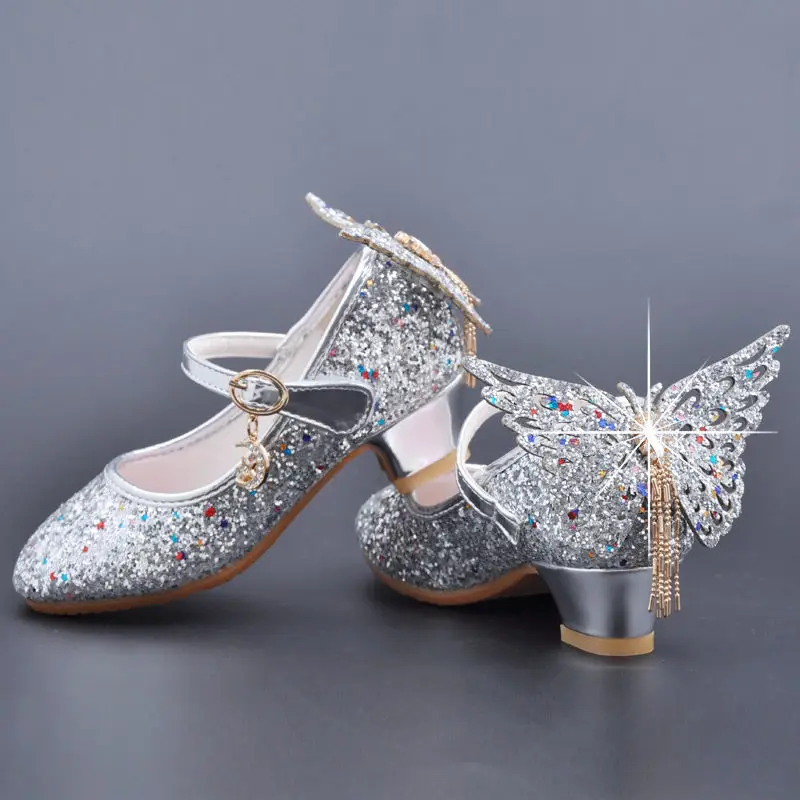 

Summer New Girls Party Shoes Children Sandals Butterfly Tassel Sequins Princess High Heels Girls Sandals Kids Leather Shoes
