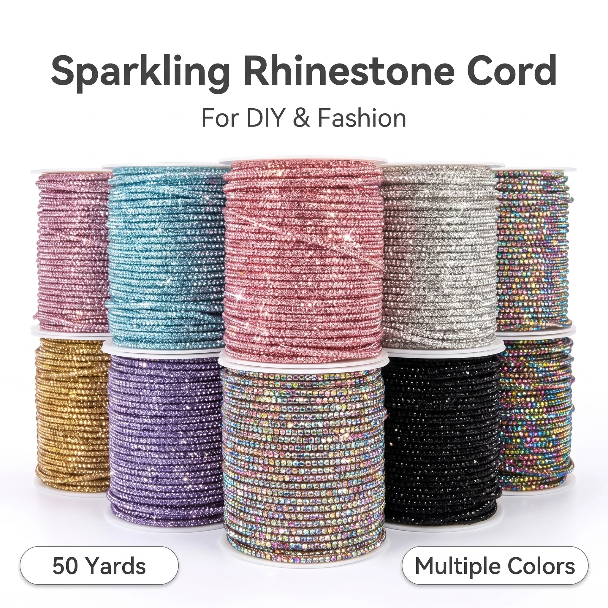 White Crystal Rhinestone Cord 4mm Cotton Core Rope Trim 10-50 Yards for Sewing Clothing Bags Hats DIY Crafts