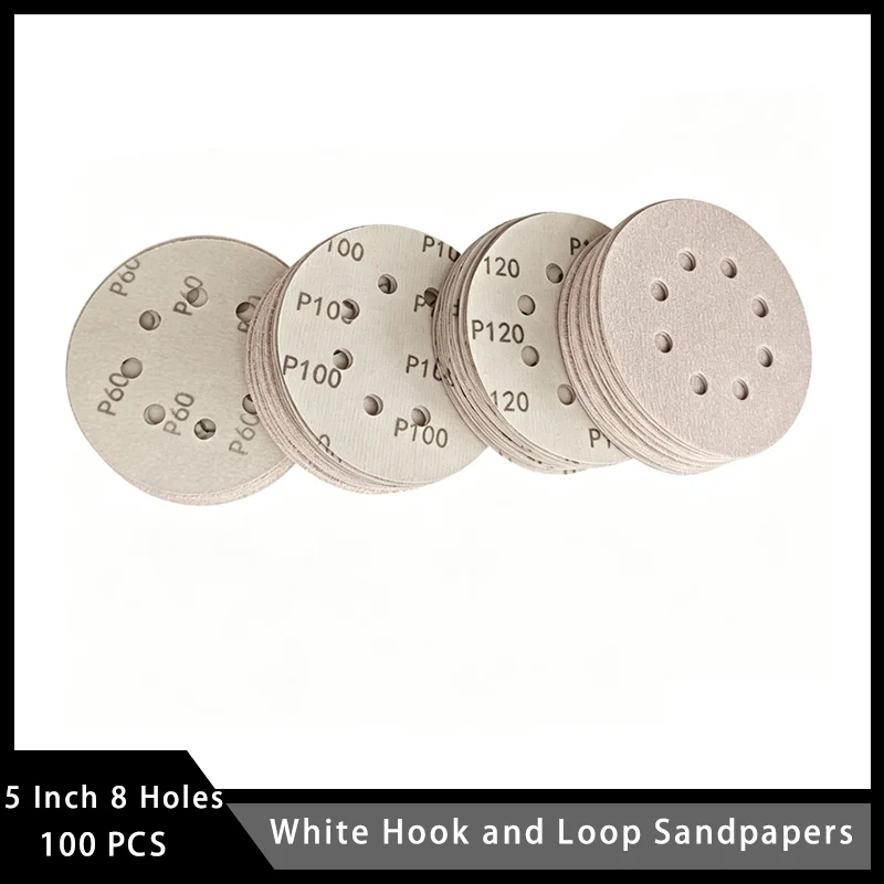 5 Inch 8 Holes White Hook and Loop Sandpapers Mixed 100 Pcs Assorted 60-150 Grits for Drywall Sander Wood Metal Furniture