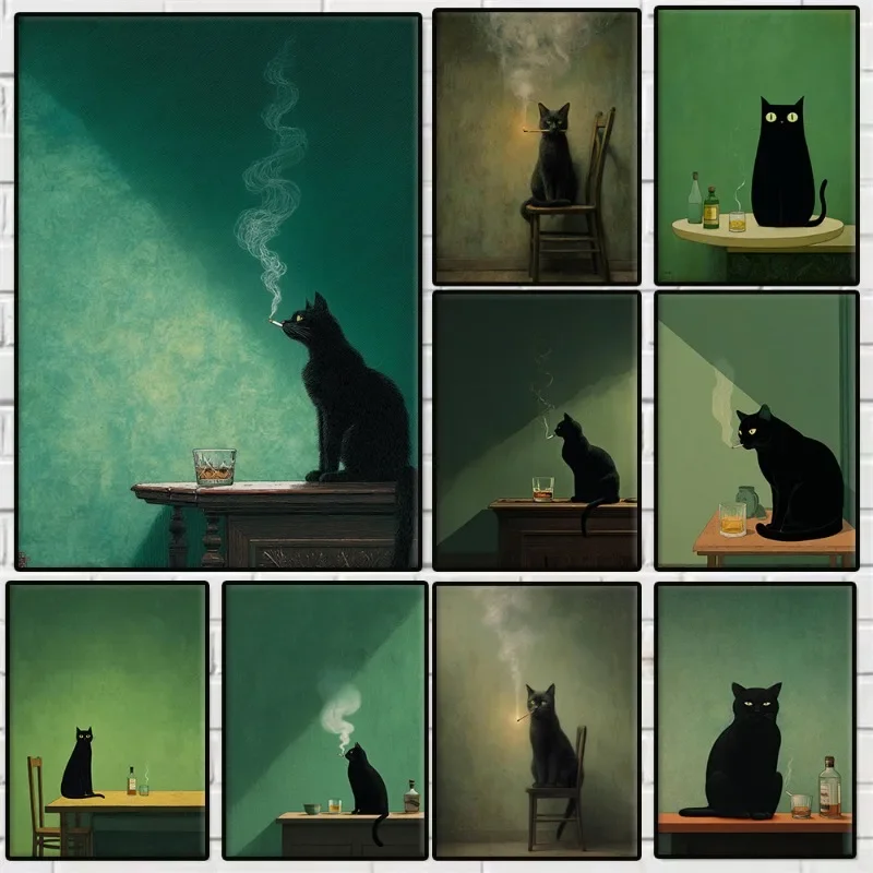Multiple sizes 1pc frameless Canvas Painting,Moody Black Cat Whiskey and Smoke Poster Green Background Vintage Gothic Animal Can