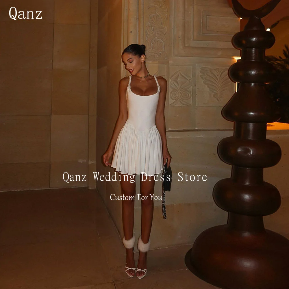 

Qanz Sexy Mini Wedding Dresses Spaghetti Straps White Satin Vestidos De Boda Para Fiestas Short A Line Bridal Gowns Customized