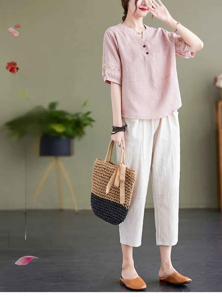 

Элитный хлопково-льняной комплект для женщин: летний новый стиль, укороченный топ с коротким рукавом и брюки-галифе, повседневный льняной комплект из двух предметов