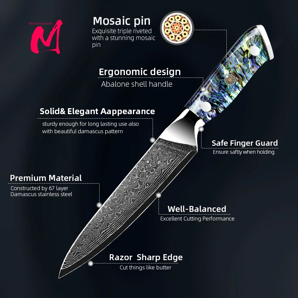 Myvit 5inch Utility Knife 67 Layers Damascus Steel Lasting Sharp Boning Knife Abalone shell handle Ham Knife Fille Steak Knives