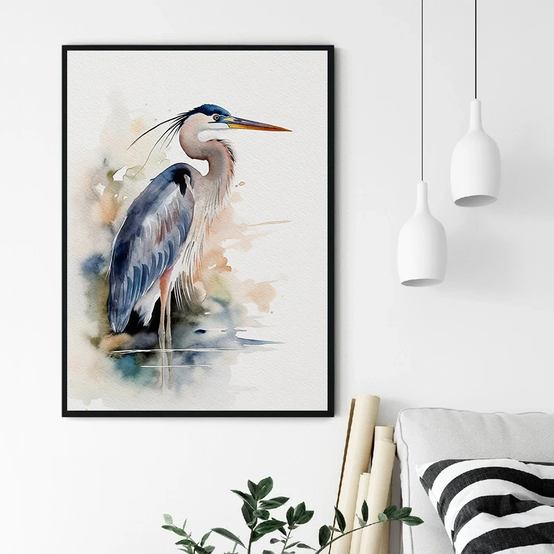 Watercolor Bird Great Blue Heron Hummingbird Coastal Tropical Animals Poster Wall Art Pictures Canvas Painting Home Hotel Decor