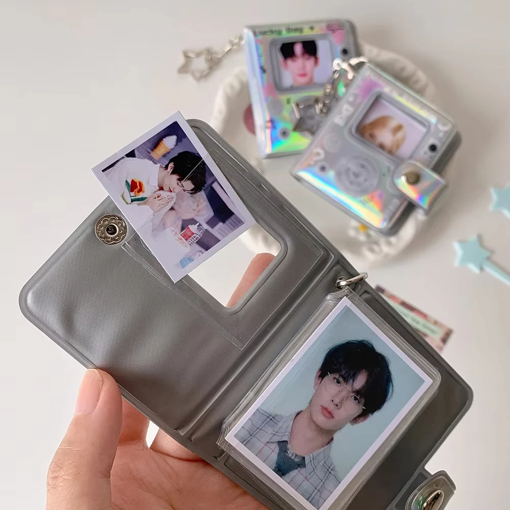 Holographic Mini Photo Album Keychain Retro Camera Style 2 Inch Kpop Photocard Holder Book Star Pendant ID Photo Collect Book