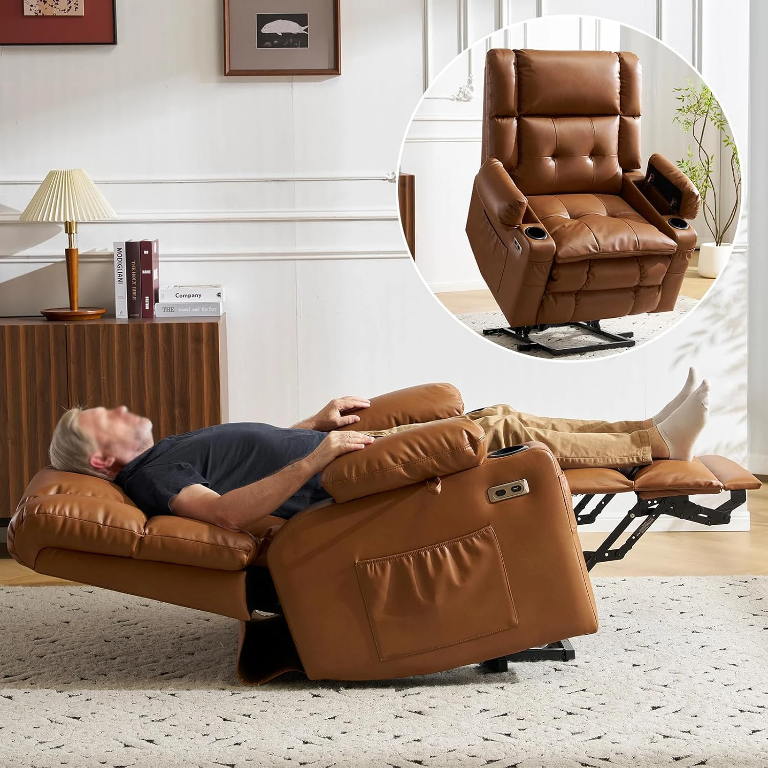 Power Lift Recliner Chair For Elderly Adults Massage Oversized Design Arm Storage Extendable Feature Modern Synthetic Leather
