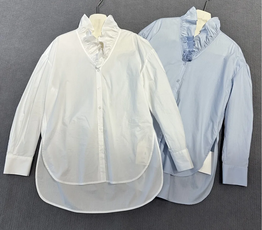

New Hot Sale Blouses 2026 Spring Fashion Blue White Shirt Women Ruffle Collar Long Sleeve Sexy Asymmetrical Style Loose Shirts