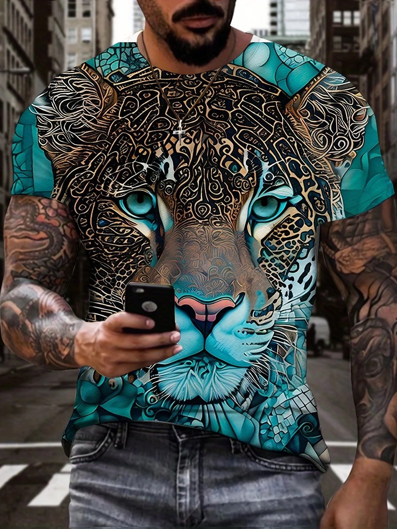 Men's Summer 3D Leopard Print T-Shirt Casual, Slightly Stretchy Breathable T-Shirt Men's Outdoor Casual Short-Sleeve T-Shirt