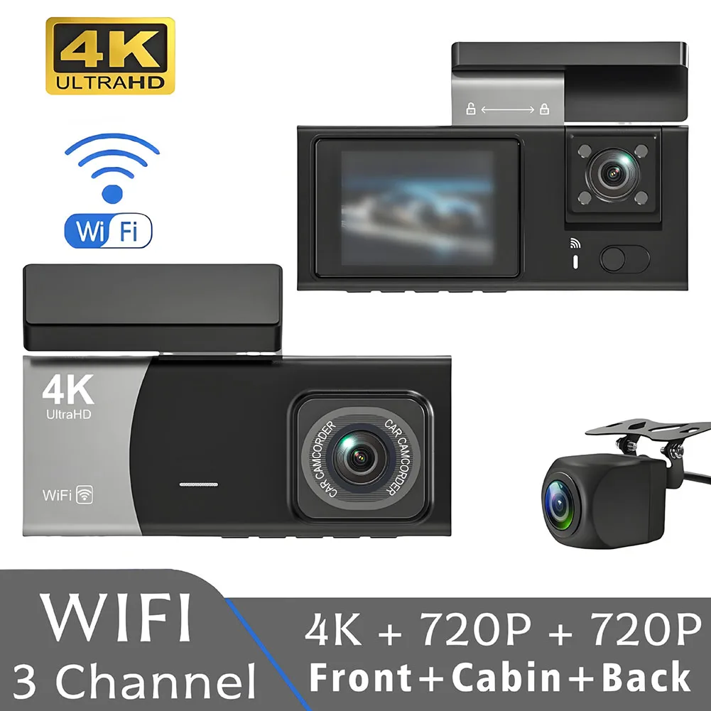 3-way Dashcam With WiFi 4K HD Driving Recorder With 3 Lens For Night-vision 24H Rear View Reverse Image Parking Monitoring