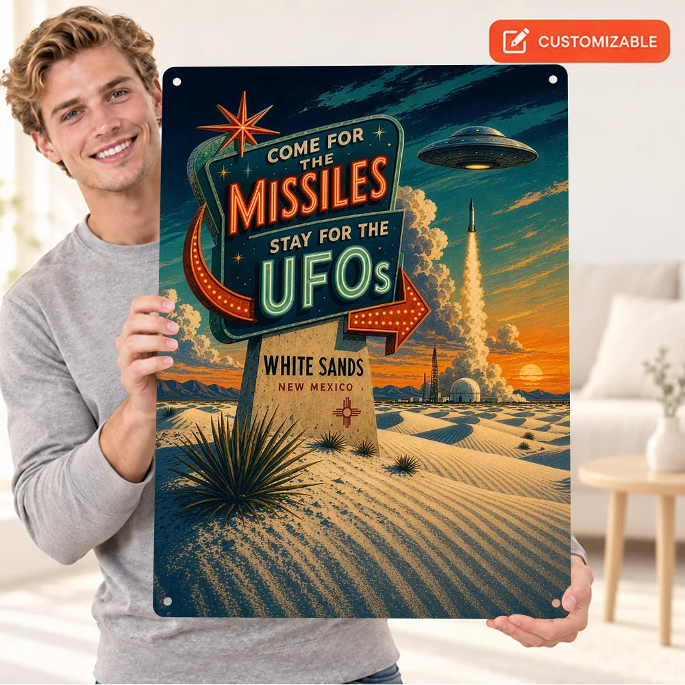 White Sands New Mexico UFO Retro Travel Aluminum Poster Bold Design Bedroom Wall Art Personalized Metal Sign Housewarming Gift
