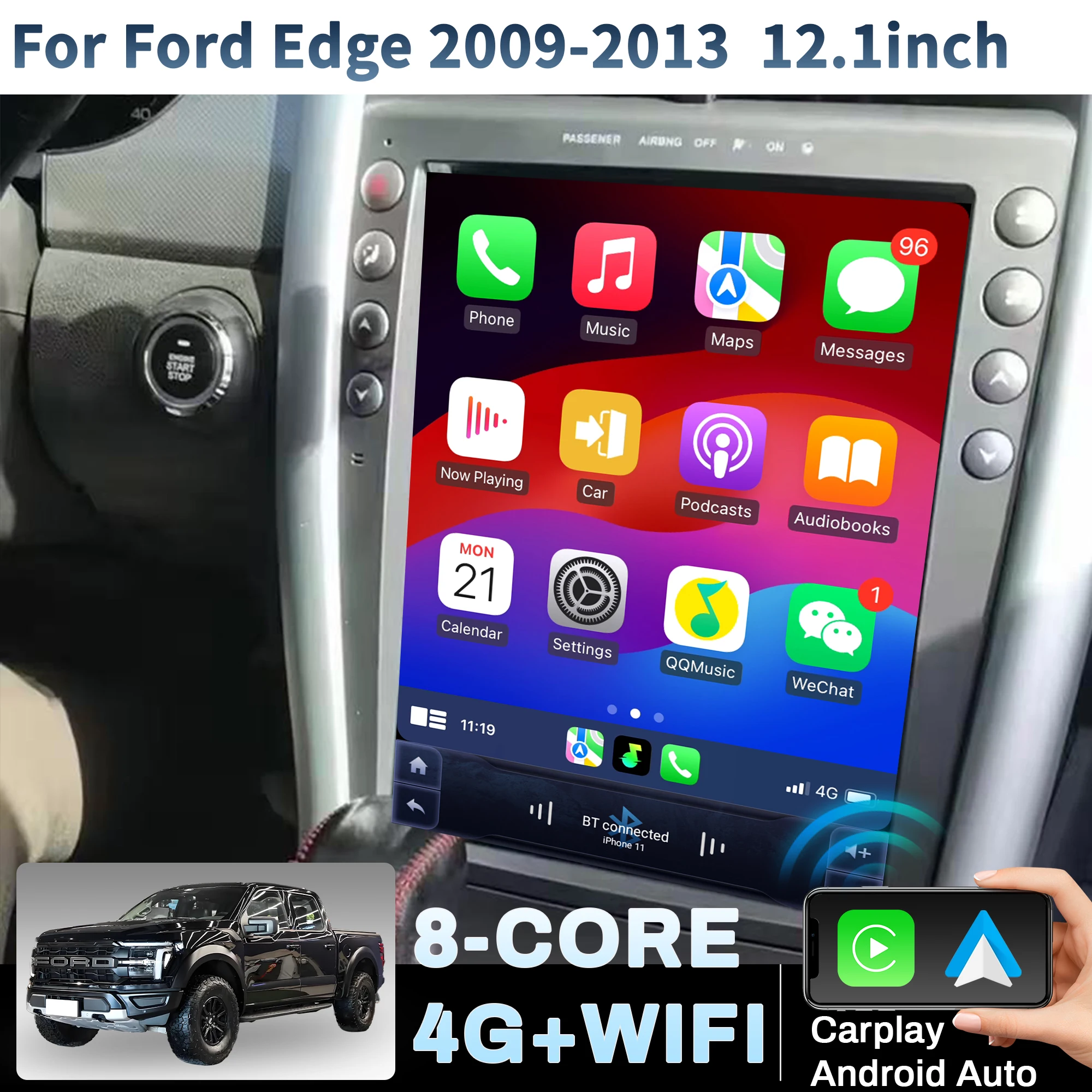 

12.1 inch Car Radio For Ford Edge 2009-2013 Android 14 4G GPS Head Unit Wireless Bluetooth CarPlay Touch Screen Stereo System