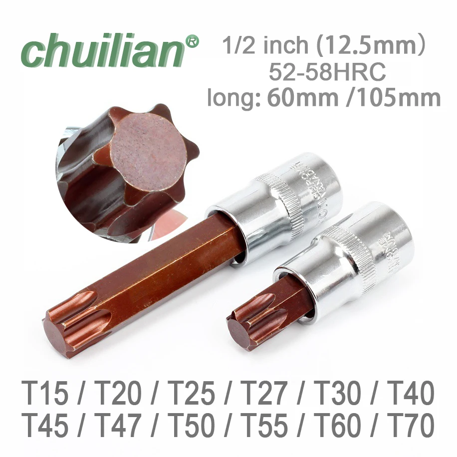 1/2 pollici 12.5 millimetri Plum hex Presa Bit Torx Cacciavite Bit Strumenti di T15 T20 T25 T27 T30 T40 T45 T47 T50 T60 T70 lungo 60 millimetri 100 millimetri