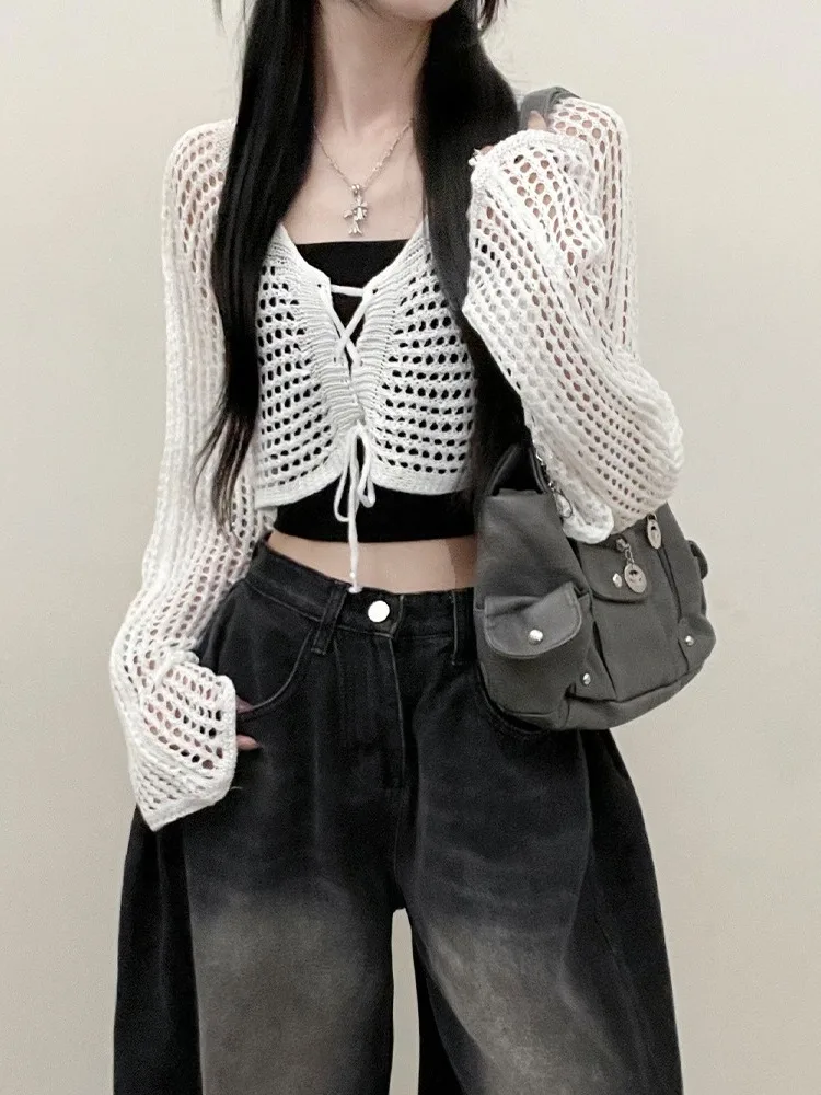 

Korean Sle ort Knitted Sweater Women's Slim Fit Long Sve Outerwear Spring 2025 Hollow out Belted New Faion plus Size