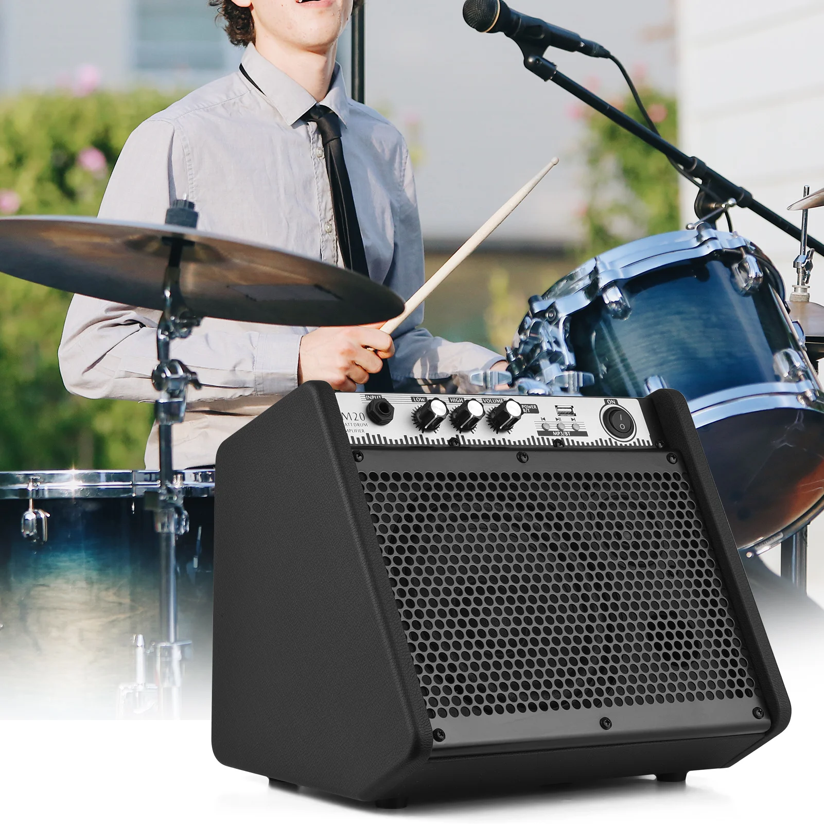 COOLMUSIC DM20 20W Electric Drum Amplifier Keyboard Amp Wireless BT Speaker 2-Band EQ Supports USB MP3 Player Function