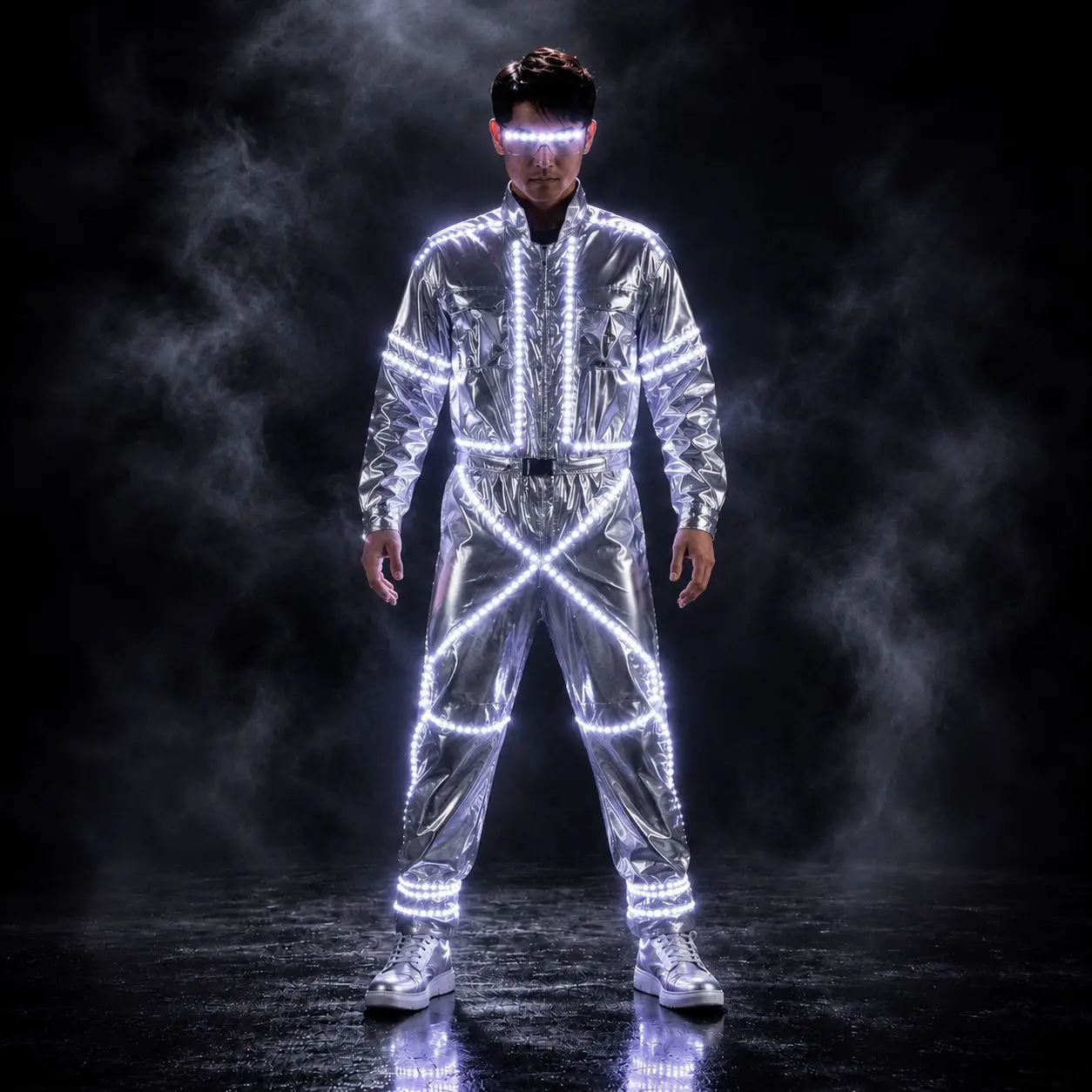 LED Tron Dance Wear for DJ Robot Dancer Men Stage Performance Suit Luminous Light up Silver Clothes Halloween Futuristic Outfit