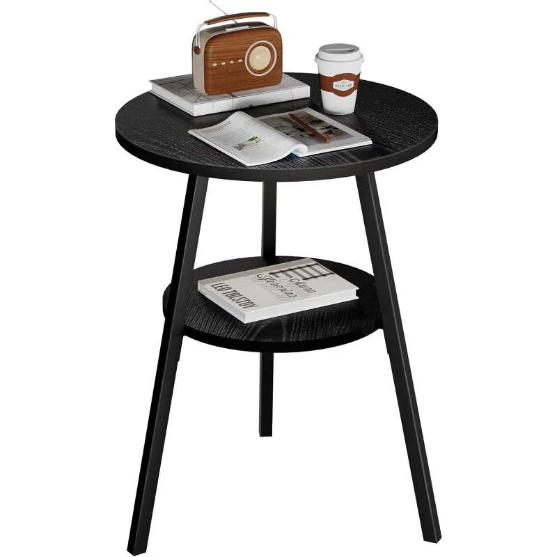 Round Side Table 2 Tier End Table Small Accent Table Black Sofa Table for Living Room/Bedroom, with Wooden Boards Storage