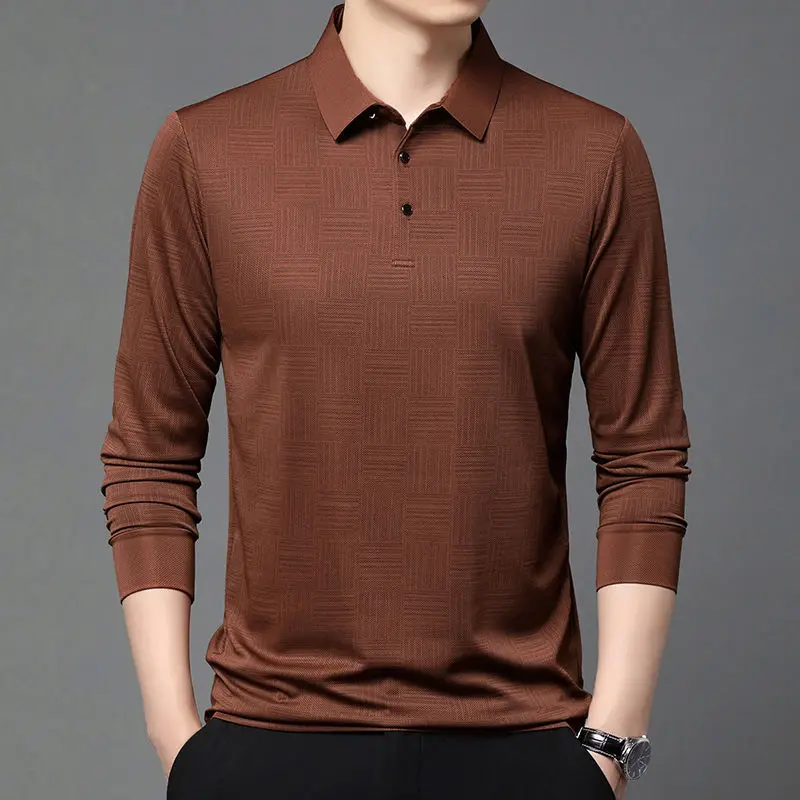 Spring Autumn Turn-down Collar T-shirts Business Casual Men's Clothing Plaid Chic Jacquard Weave Basic Solid Color Polo Shirts