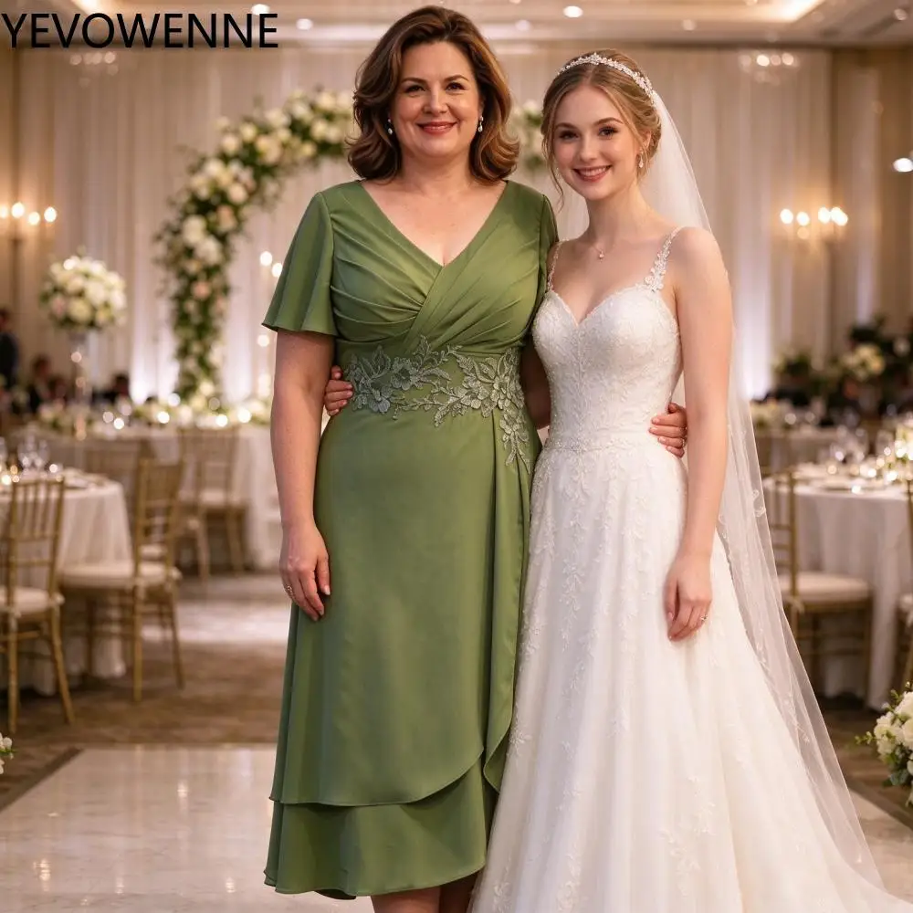 Chiffon Lace Applique Mother of Bride Dress Tea Length Formal Evening Gown with Sleeve for Mother of the Groom