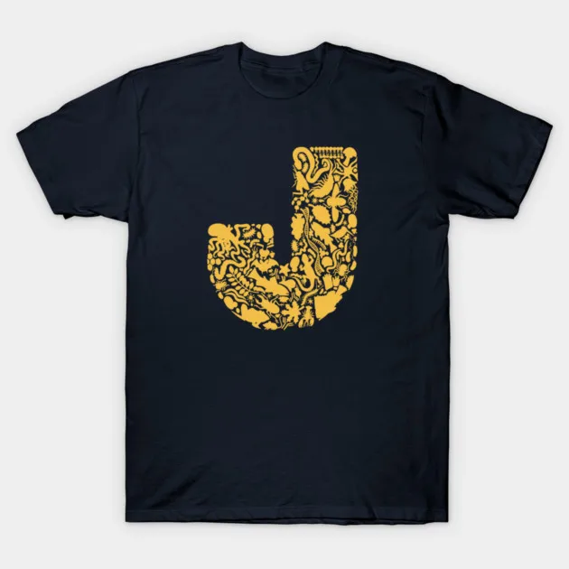 Marine Animal Filled Letter J Graphic Tee, Comfy Crew Neck Short Sleeve, Trendy Casual Top for Ocean Lovers Daily Wear & Gift