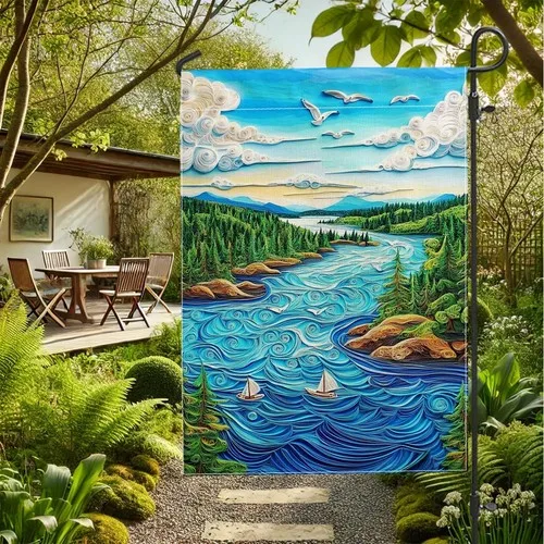 Summer Scenic Landscape Garden Flag, Vibrant Blue River Nature, 12x18 Inch XXQ