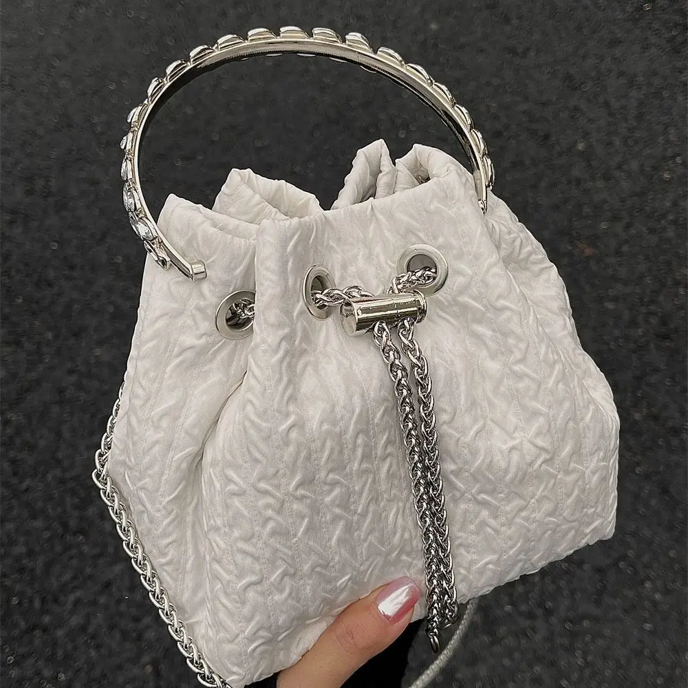 Korean Diamond Handle Handbag Simple Fashion Shoulder Pouch Drawstring Bucket Bag Sweet Chain Crossbody Bag