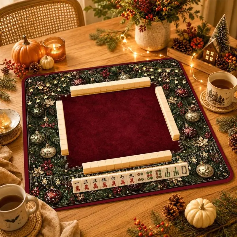 VIKAMA Burgundy Christmas Ornament Mahjong Mat Pine Branch Print Non Slip Table Cover For Game Night Family Party Holiday Decor