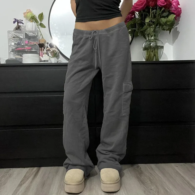 

American High Street Style Basic Solid Color Low Waist Drawstring Pocket Sweatshirt Pants Versatile