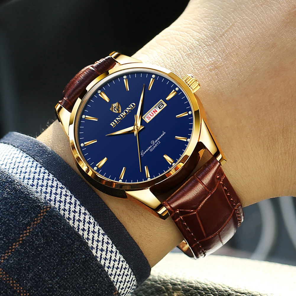 BINBOND Simple Fashion Men's Watches Leather Strap Mineral Glass Original Quartz Watch for Man Waterproof Luminous Date Week New