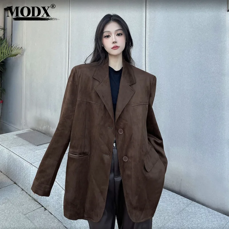 [MODX] Minimalist Trend 2024 Spring American Style Dark Brown Coffee Suede Jacket, Women's High-end Casual Suit