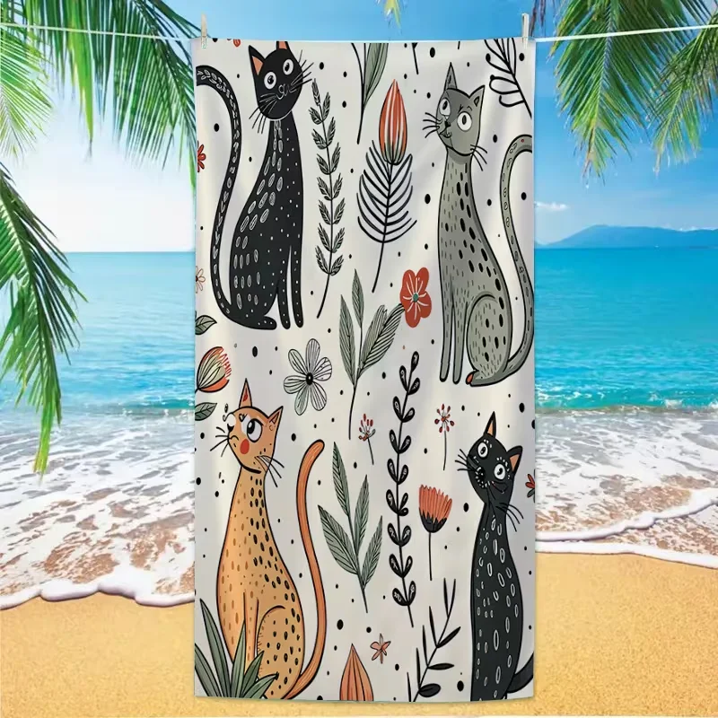 Boho Floral Cat Beach Towel Sand Free Quick Dry Blanket Hand Drawn Spotted Kitten Tropical Leaf Print Summer Beach Towel