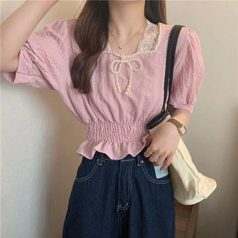 

Blouses Women French Retro Square Collar Design Street Simple Elegant Lace Cropped Female Vintage Cozy Loose Summer Daily Chic