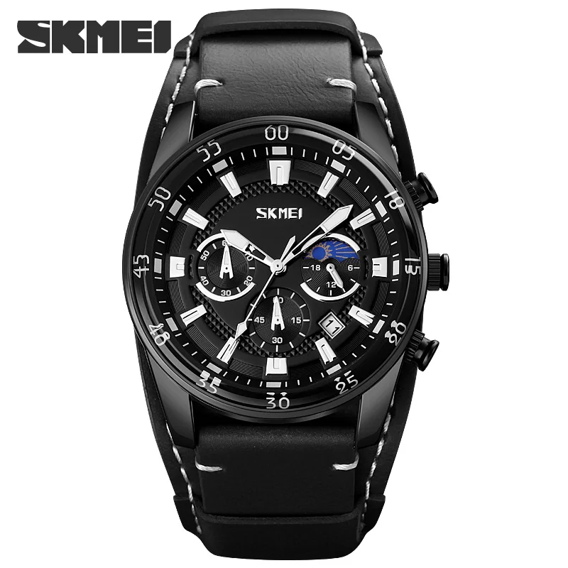 SKMEI Men's Quartz Watch Fashion Luxury Dress Watches Moon Phase Stopwatch Wristwatches Leather Strap Business Quartz Hour