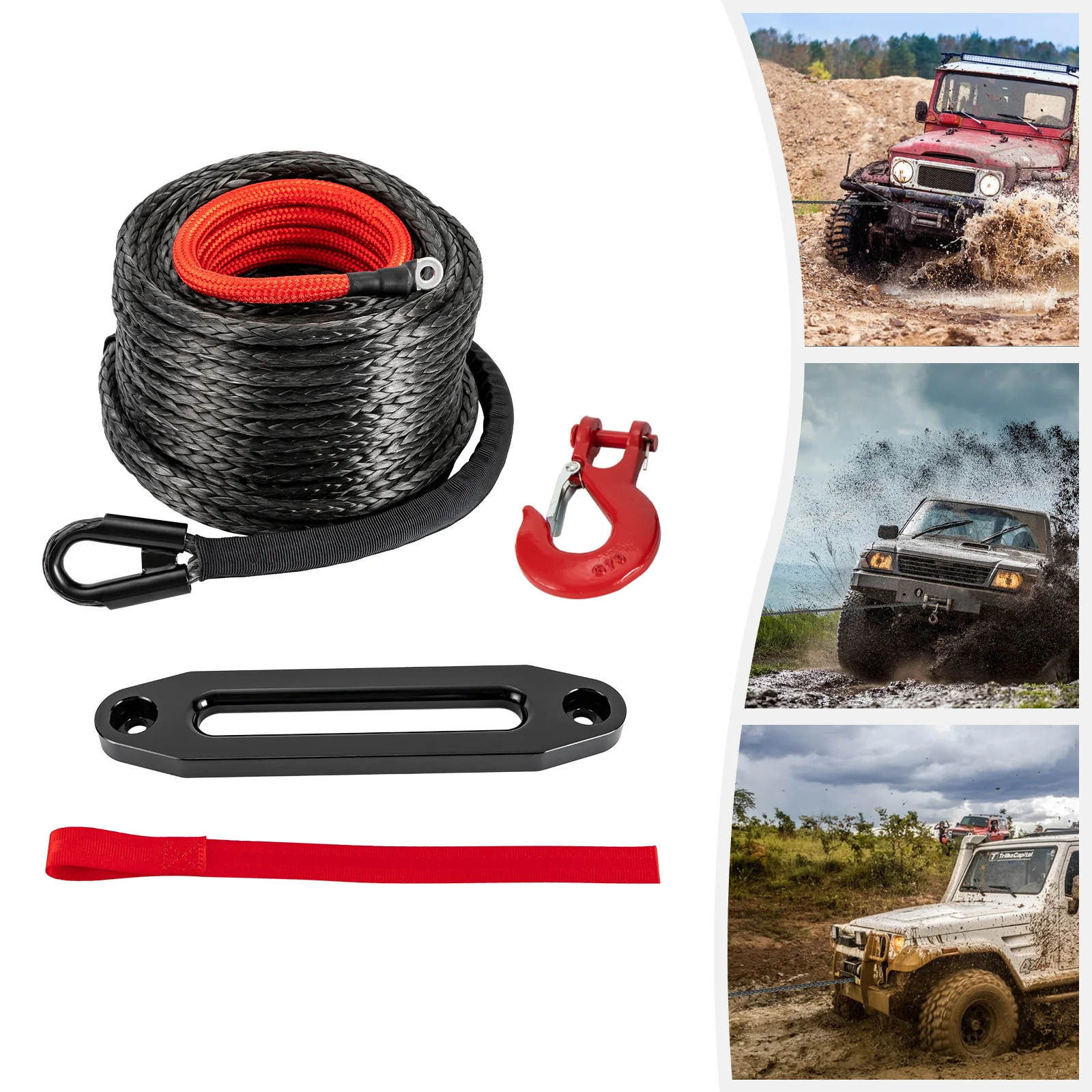 

Черный портативный автомобильный трос для восстановления буксировки, 1/2 дюйма, синтетический трос для лебедки, трос лебедки с защитным рукавом, крючком, безопасный ремень для вытягивания