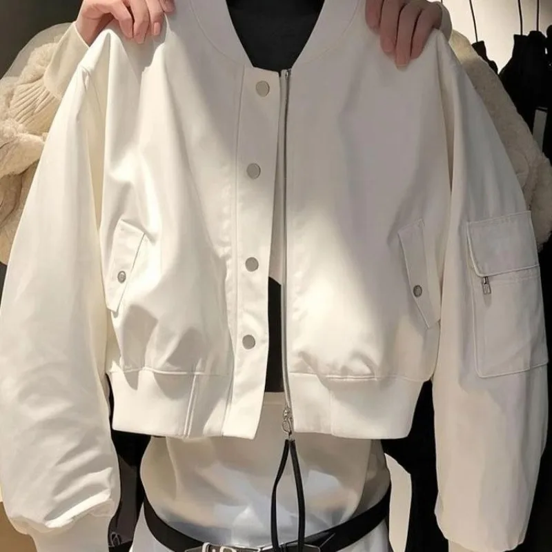 Casual Lazy Street Style White Short Jacket For Women 2026 Spring Autumn New Fashion Loose Zipper Coat Lined Baseball Outwear view 2