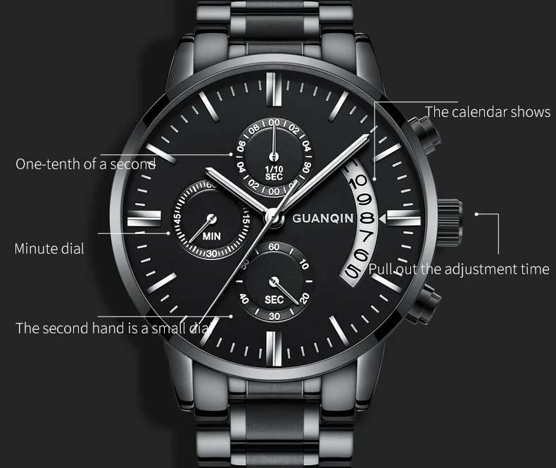 GUANQIN Top Brand Sport 50M Waterproof Chronograph Quartz Stainless steel watch for men Luminous Multifunctional Luxury Watches