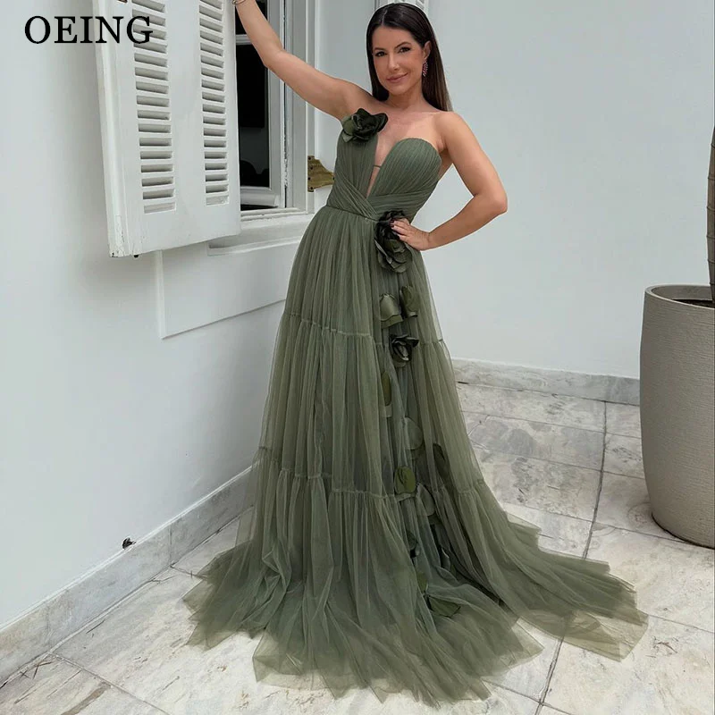 

OEING Green A-Line Princess Prom Dresses Elegant Pleats Strapless Party Gowns Tiered Applique Floor-Length Soft Tulle Customized