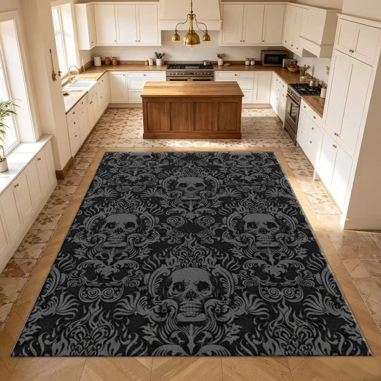 Black Skull Pattern Carpet Gothic Vintage Pattern Carpet Indoor Living Room Decorative Carpet