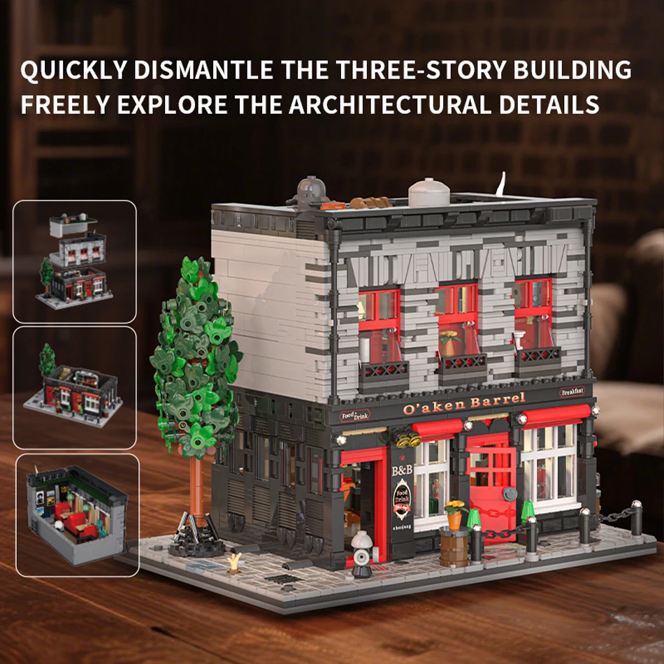 MOC City Oaken Barrel Pub Two-story Bar Street View Building Blocks Modern Tavern Architecture Bricks Toys for Kids Adults Gifts